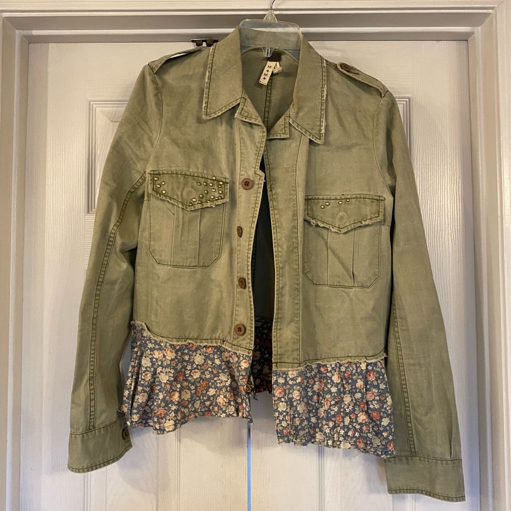 We The Free Olive Green Distressed Floral Hem Utility Jacket